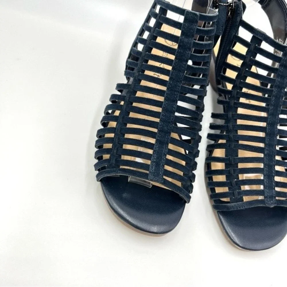 6W 6 WIDE WIDTH Bella Vita Pacey Navy Blue Suede Leather Gladiator Wedge Sandals